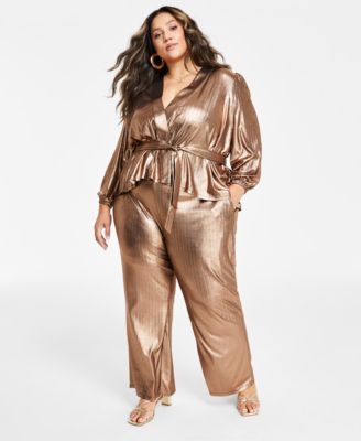 Nina Parker Trendy Plus Size Metallic Wrap Top Pants In Champagne