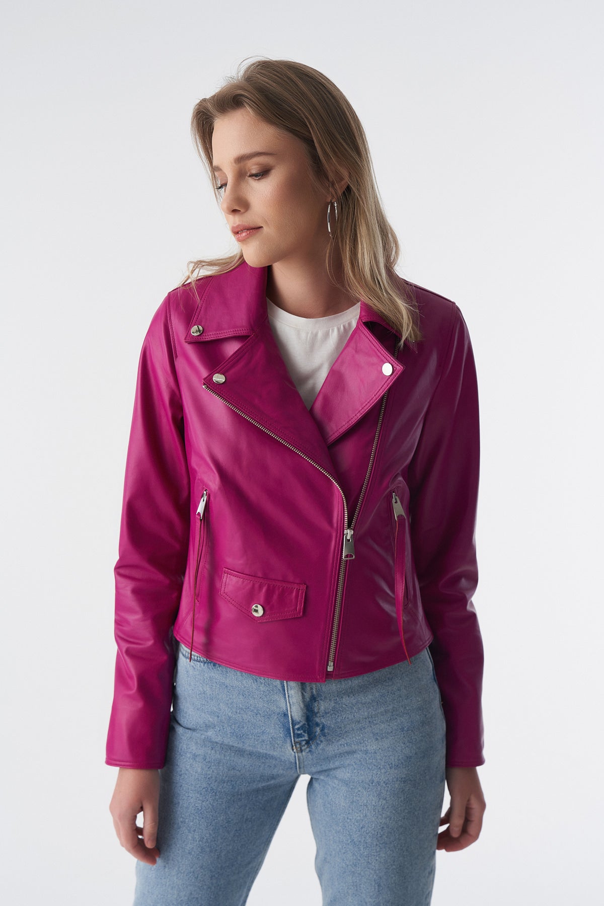 Furniq Uk Women's Classic Biker Jacket,Nappa - Fuchsia