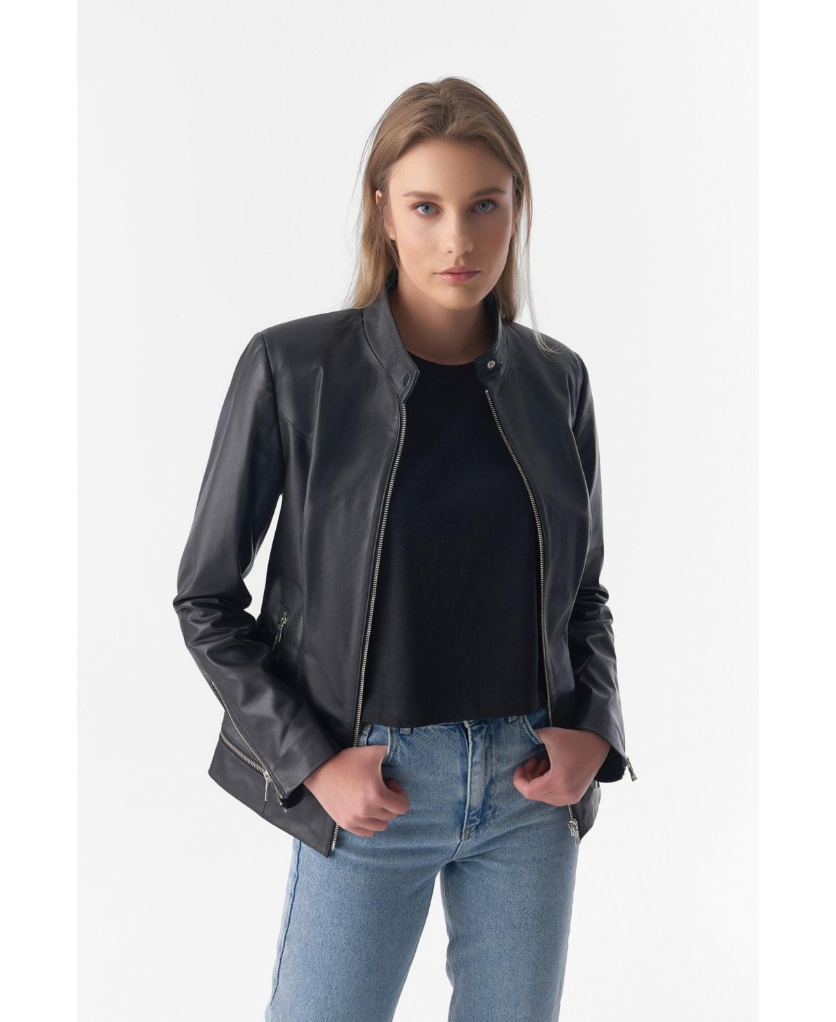 Furniq Uk Women's Zipper Hem Detail Leather Jacket,- Black
