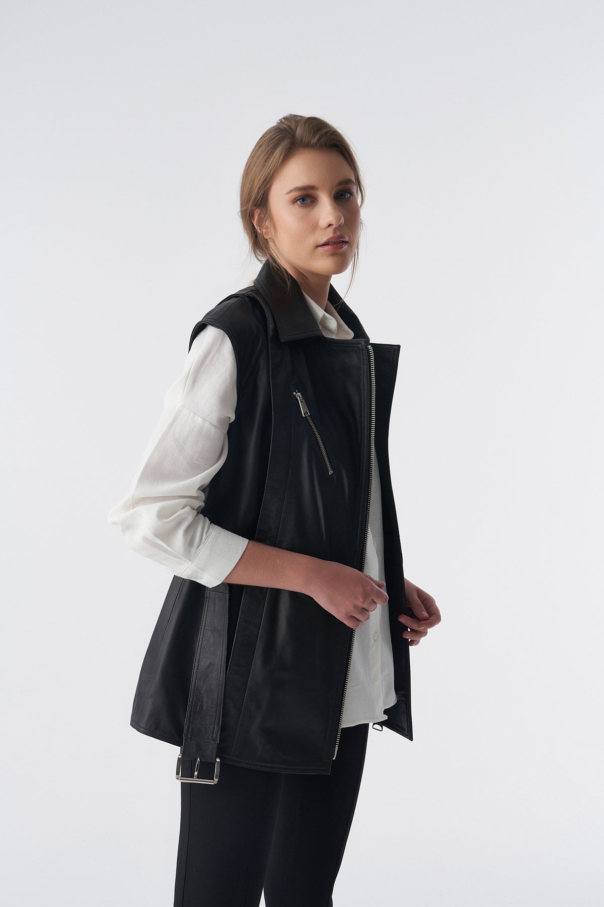 Furniq Uk Women's Genuine Leather Belted Waistcoat,- Black