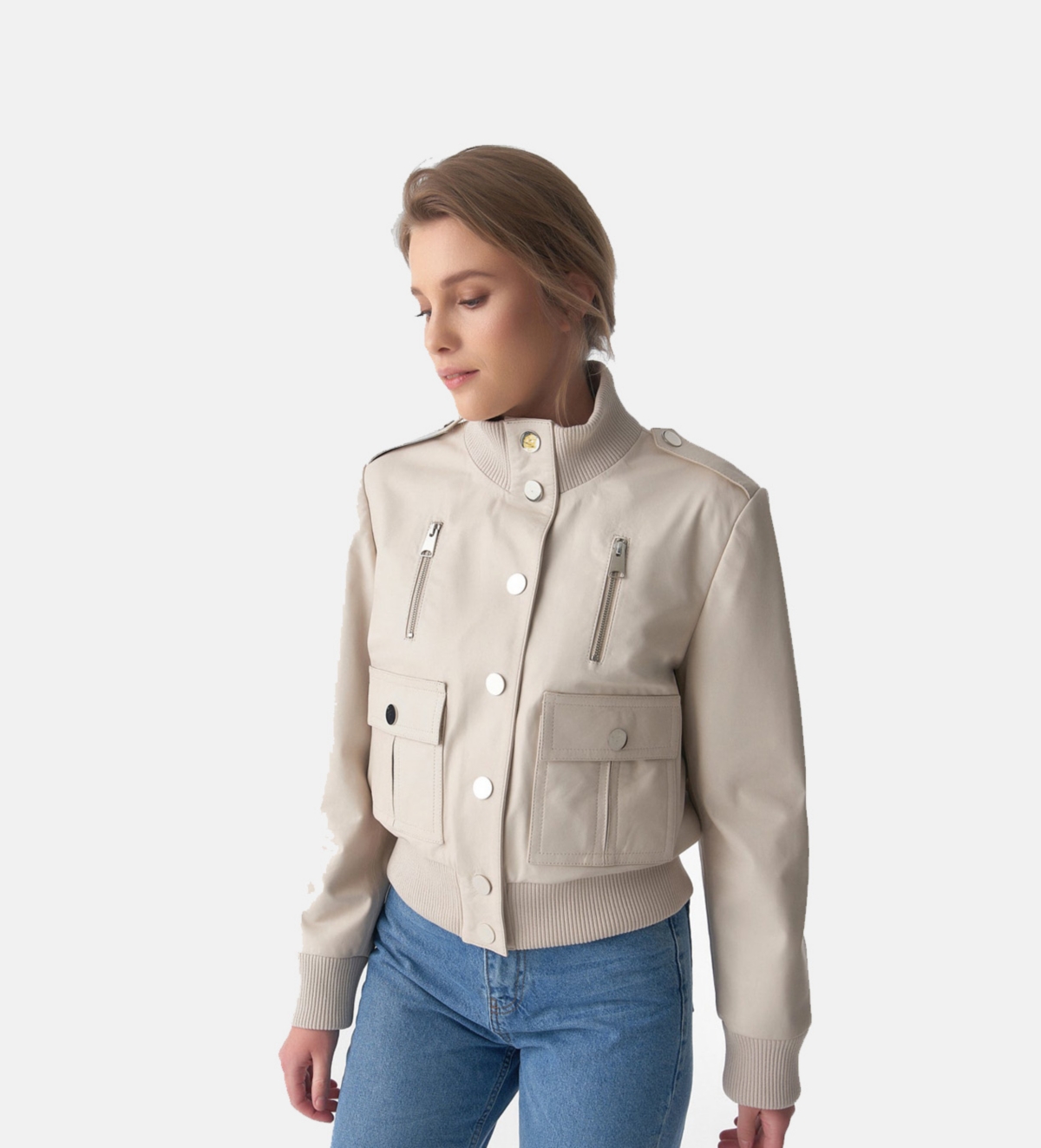 Furniq Uk Women's Genuine Leather Bomber Jacket,Nappa - Beige