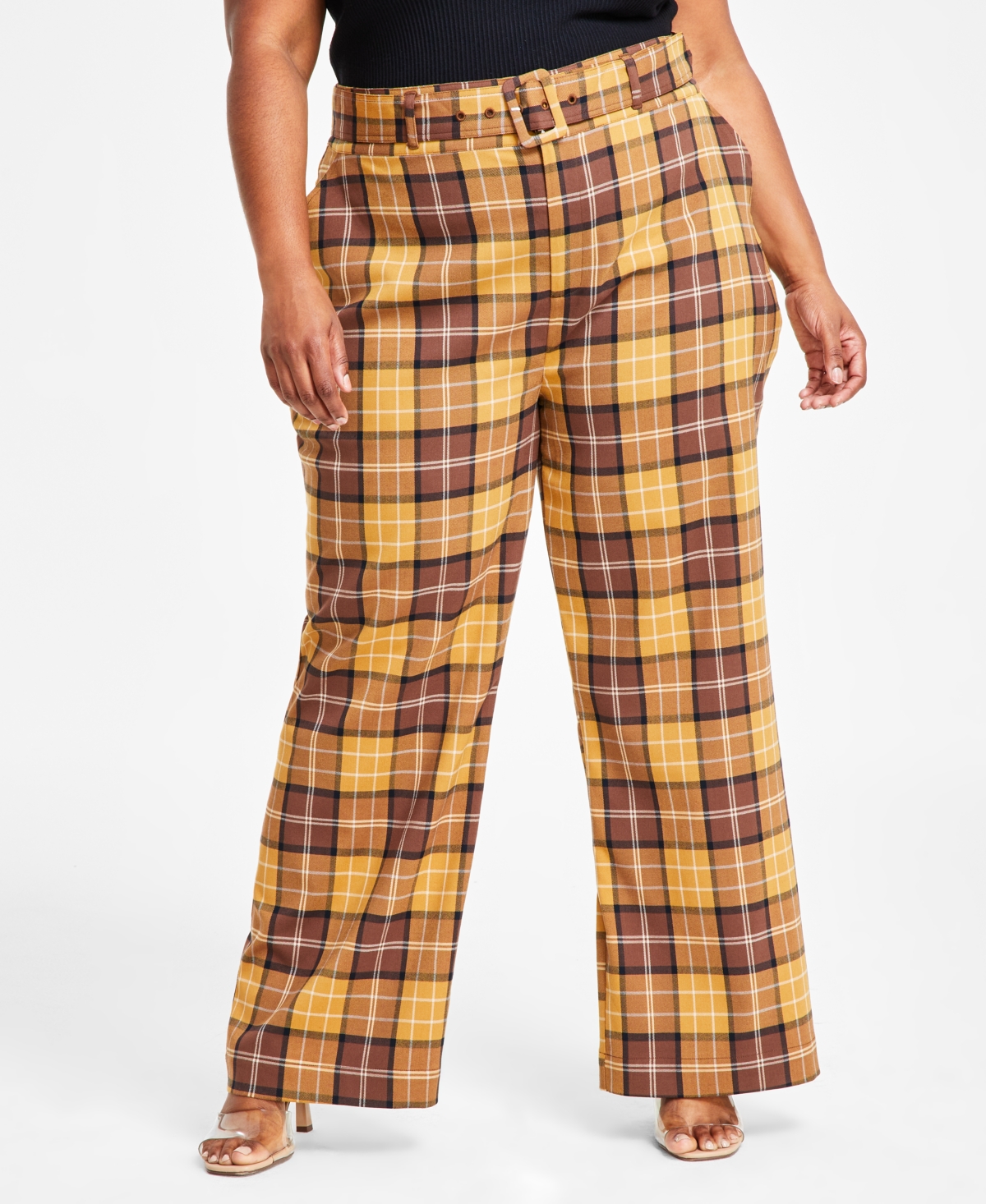 Trendy Plus Size High-Rise Plaid Wide-Leg Pants - Brown Plaid