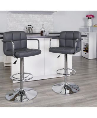 Contemporary Quilted Vinyl Adjustable Height Barstool With Arms