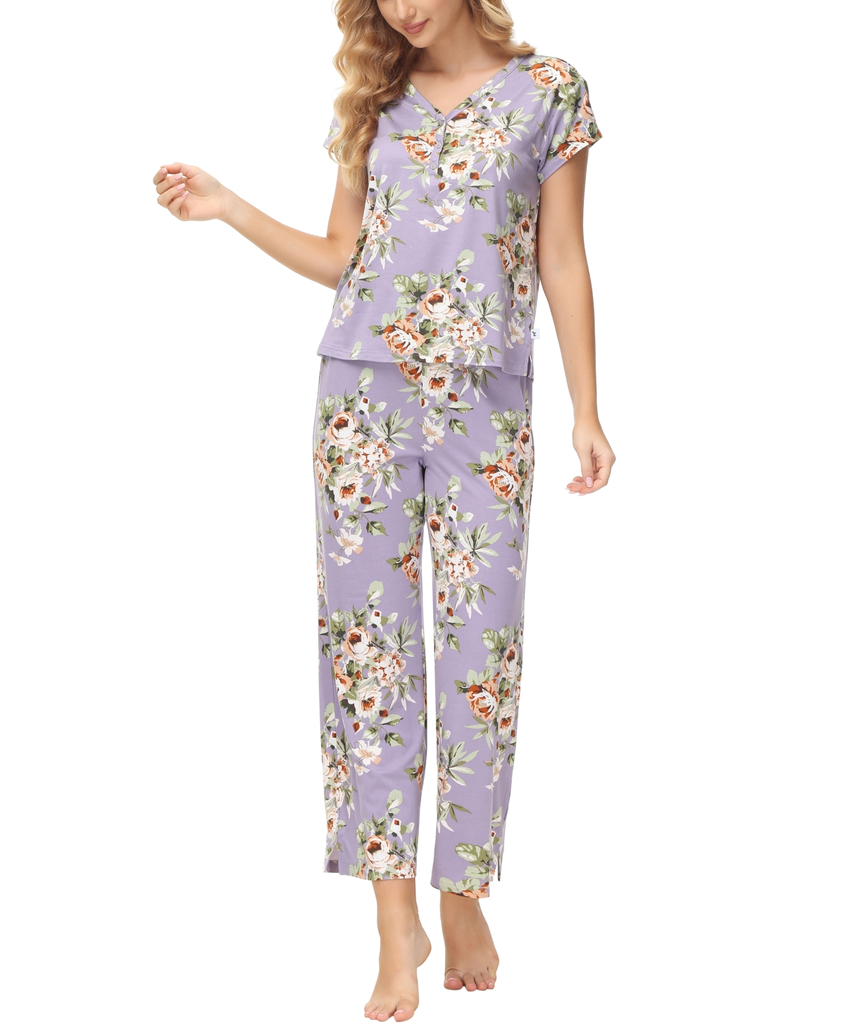 Echo Women's 2 Piece Printed Short Sleeve Henley Top with Wide Pants Pajama Set
