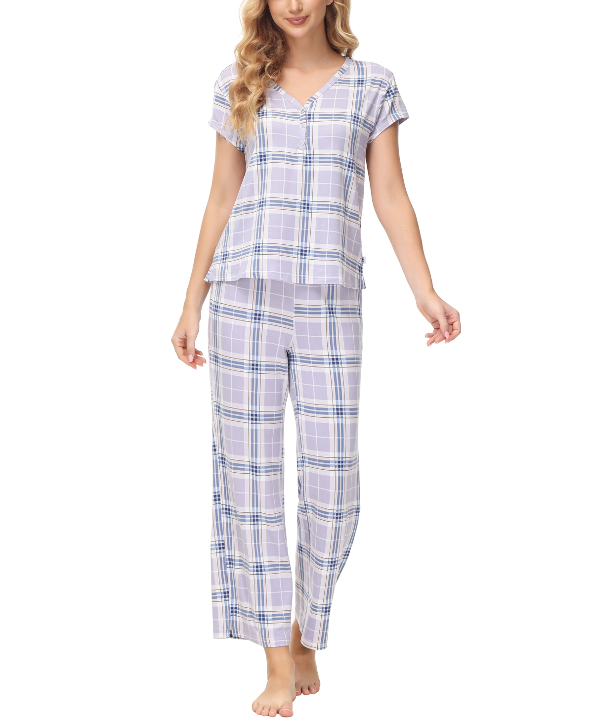 Women's 2 Piece Printed Short Sleeve Henley Top with Wide Pants Pajama Set - Plaid Purple