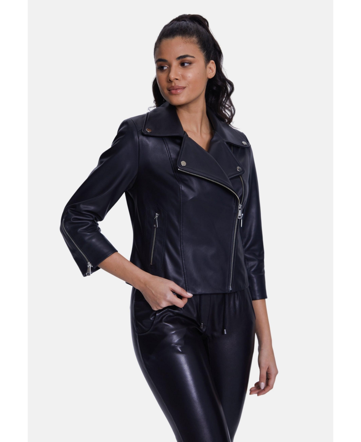 Women's Leather Jacket Half Sleeve Black - Black