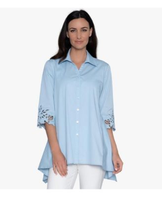 Women's Embroidered Sleeve Cotton Poplin A-Line Button-Front Shirt Top Poetry Tunic