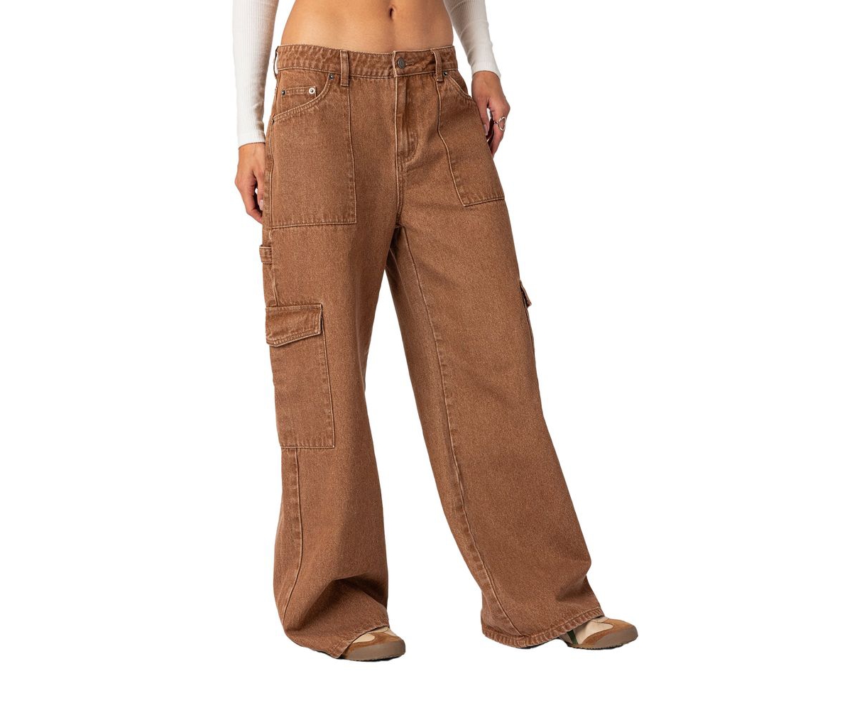 Edikted Women's Stone wash mid rise cargo pants - Brown-washed