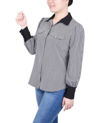 Petite Long Sleeve Striped Button Front Blouse