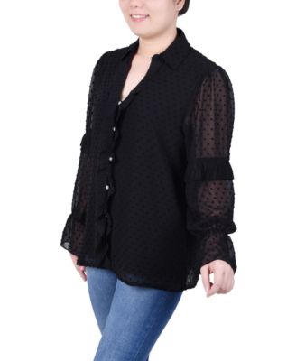 Petite Long Sleeve Dotted Chiffon Blouse