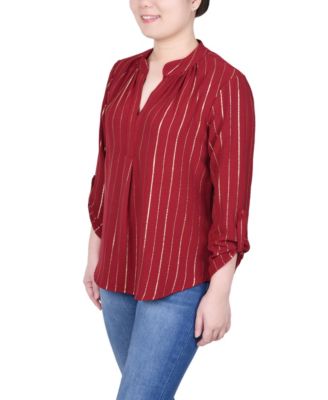 Petite Long Sleeve Foil Striped Blouse