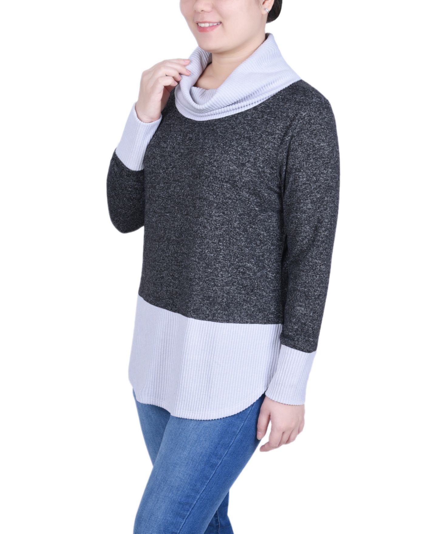 Женский топ NY Collection Petite Long Sleeve Cowl Neck Colorblocked, цвет: Чёрный угольный — фото 3