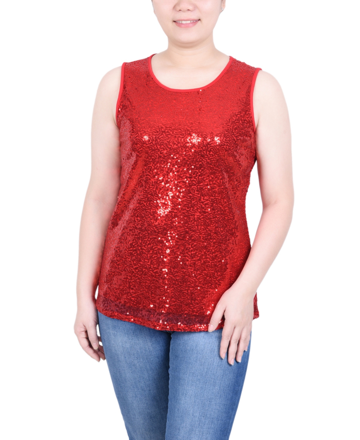 NY COLLECTION PETITE SLEEVELESS SEQUINED TANK WITH COMBO BANDING TOP
