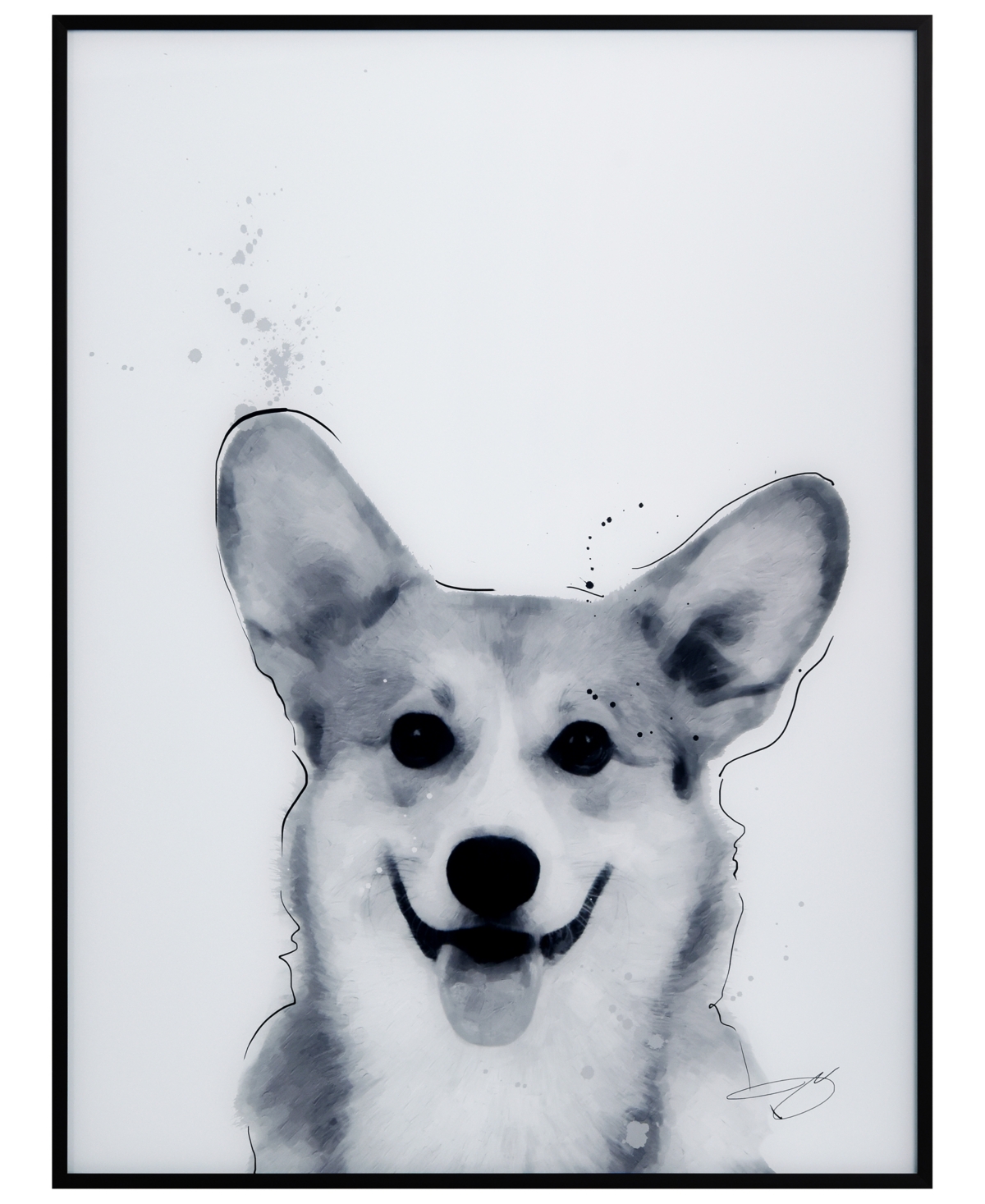 Empire Art Direct "corgi" Pet Paintings On Printed Glass Encased With A Black Anodized Frame, 24" X 18" X 1" In Black And White