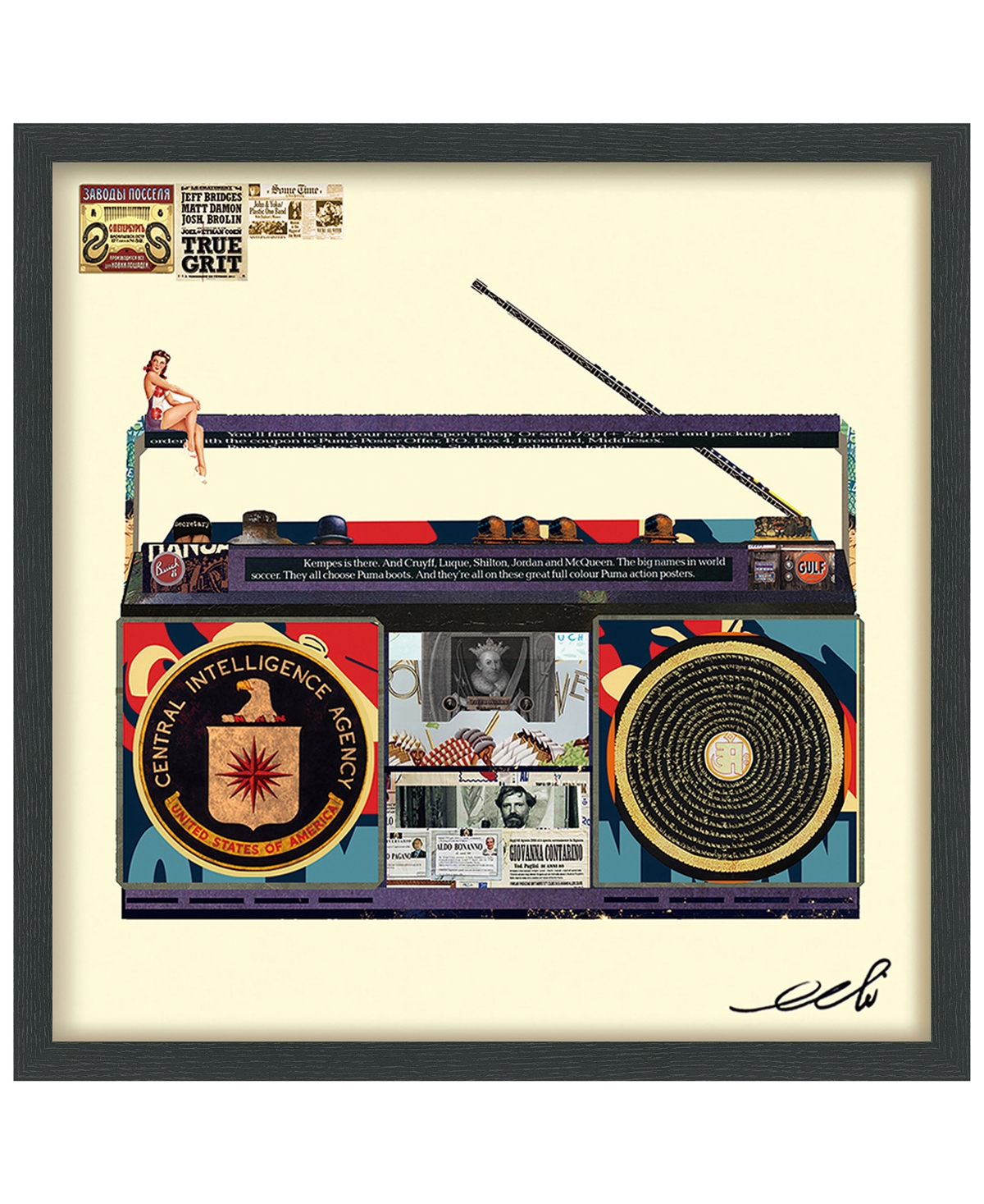Empire Art Direct "cia Boombox" Hand-made Dimensional Art Collage, Under Glass, Encased On A Black Shadow Box Frame, 2 In Multi-color