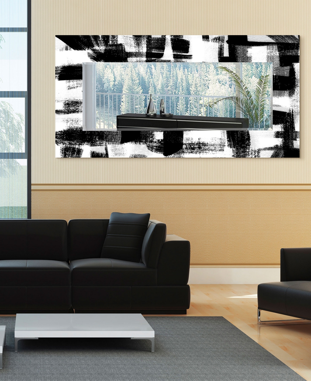 EMPIRE ART DIRECT "JAM SESSION II" RECTANGULAR BEVELED MIRROR ON FREE FLOATING PRINTED TEMPERED ART GLASS, 72" X 36" X 