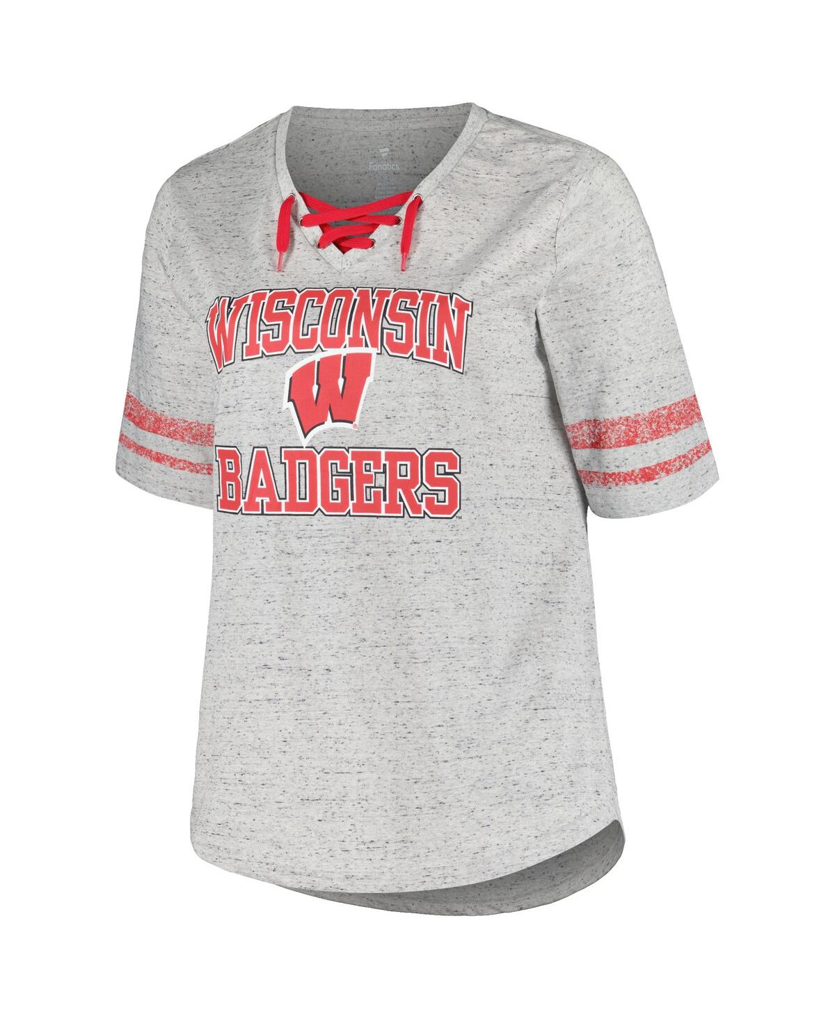 Shop Profile Women's  Heather Gray Distressed Wisconsin Badgers Plus Size Striped Lace-up T-shirt
