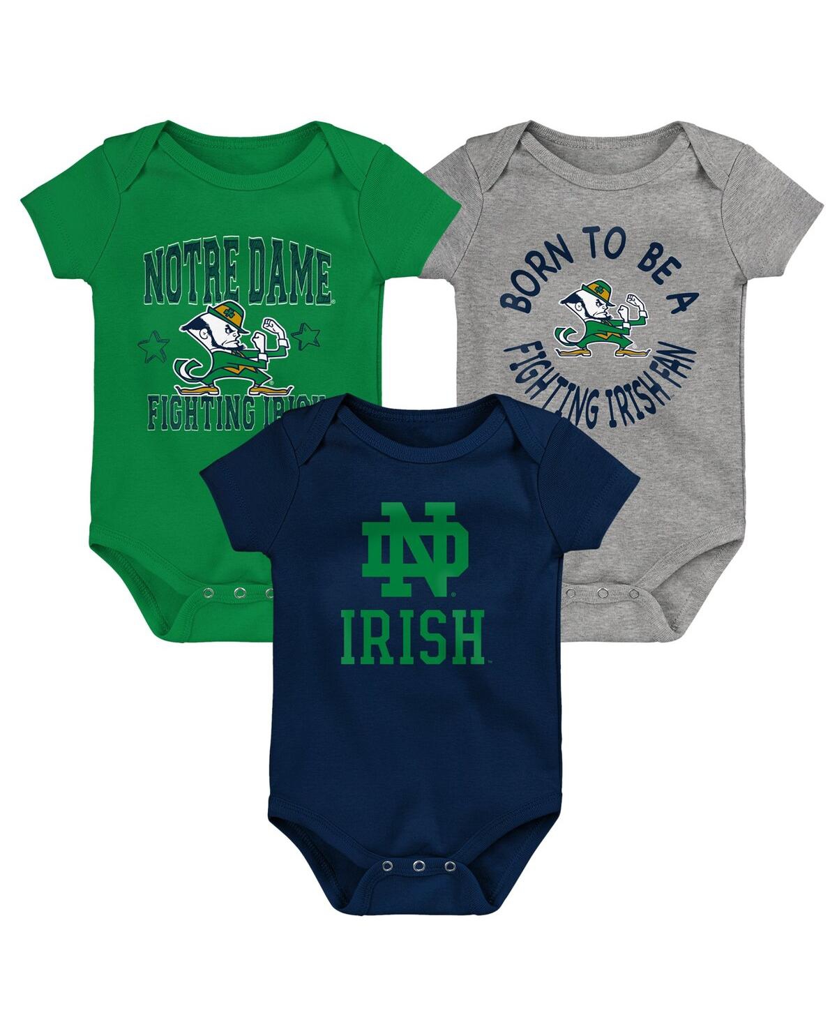 Outerstuff Baby Boys And Girls Navy, Green, Heather Gray Notre Dame Fighting Irish 3-pack Born To Be Bodysuit S In Navy,green,heather Gray
