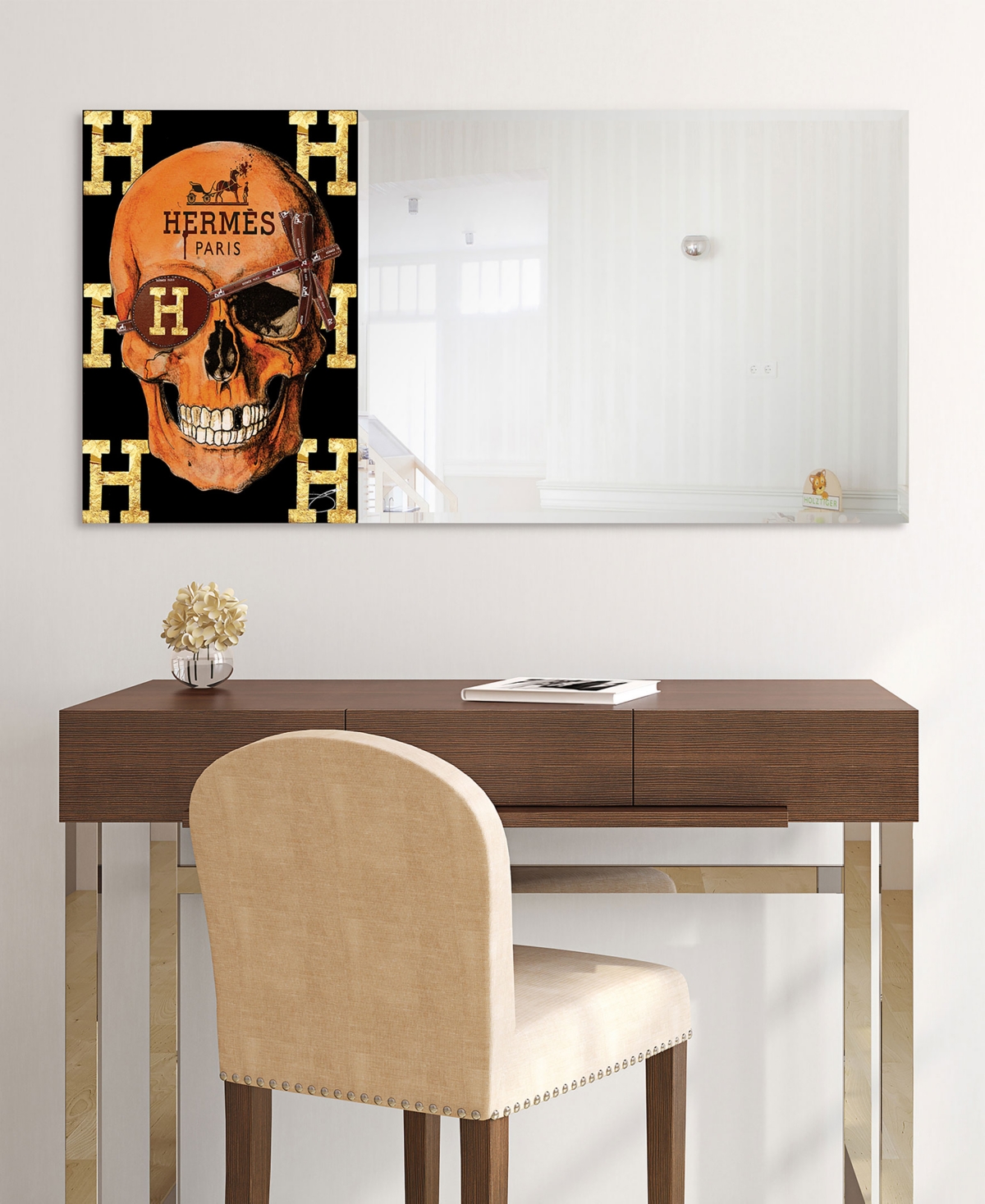 EMPIRE ART DIRECT "DESIGNER SKULL" RECTANGULAR BEVELED MIRROR ON FREE FLOATING PRINTED TEMPERED ART GLASS, 24" X 48" X 