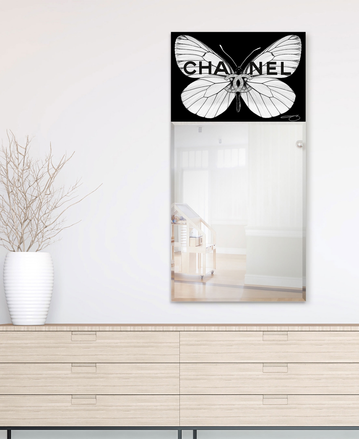 Shop Empire Art Direct "cc Butterfly" Rectangular Beveled Mirror On Free Floating Printed Tempered Art Glass, 48" X 24" X 0 In Black,white