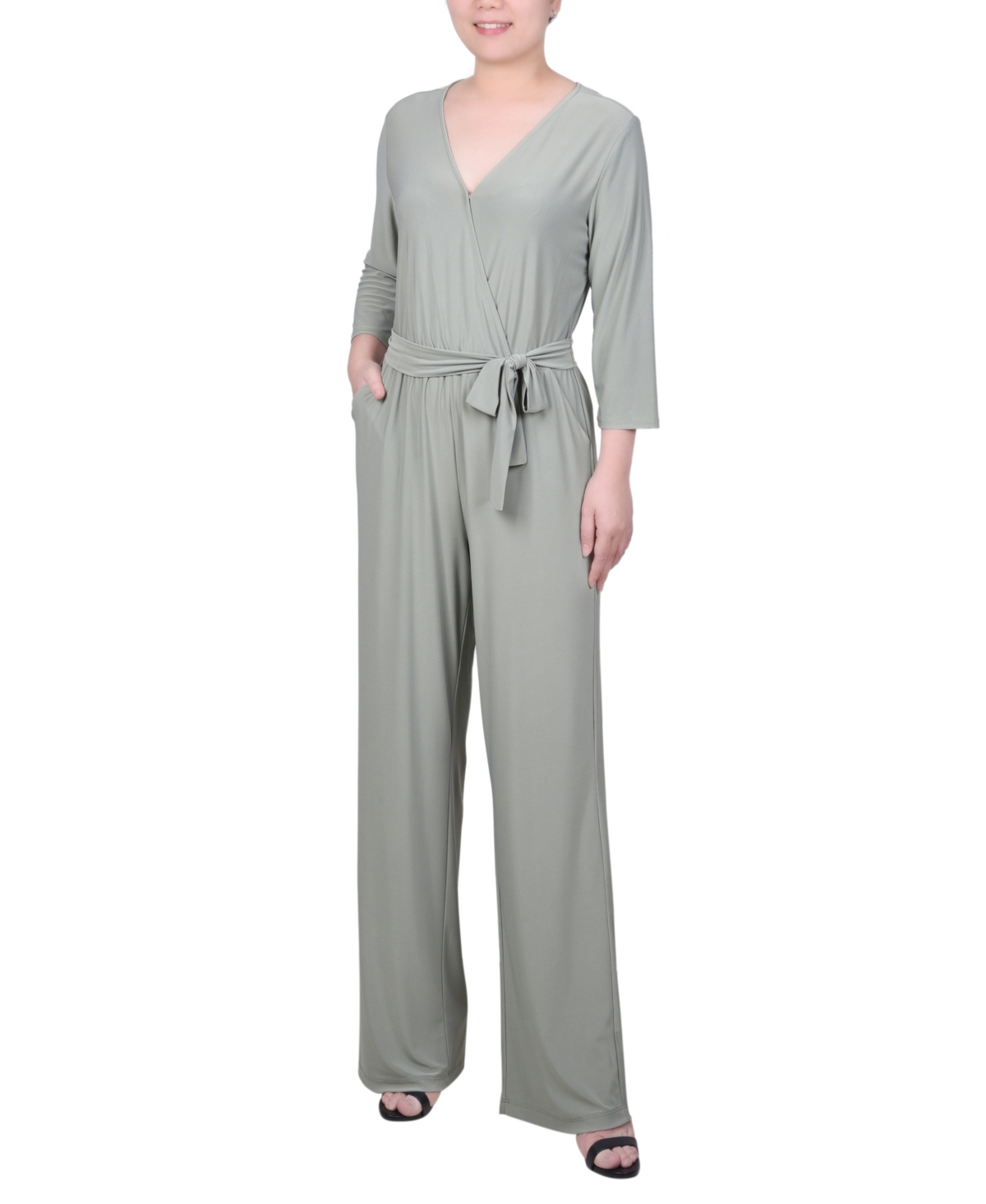 Ny Collection Petite 3/4 Sleeve Printed Belted Jumpsuit In Oil Green