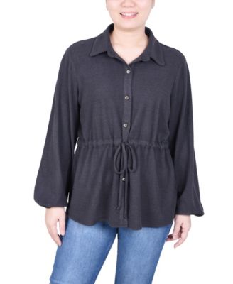 Petite Long Dolman Sleeve Drawstring-Waist Tunic Top