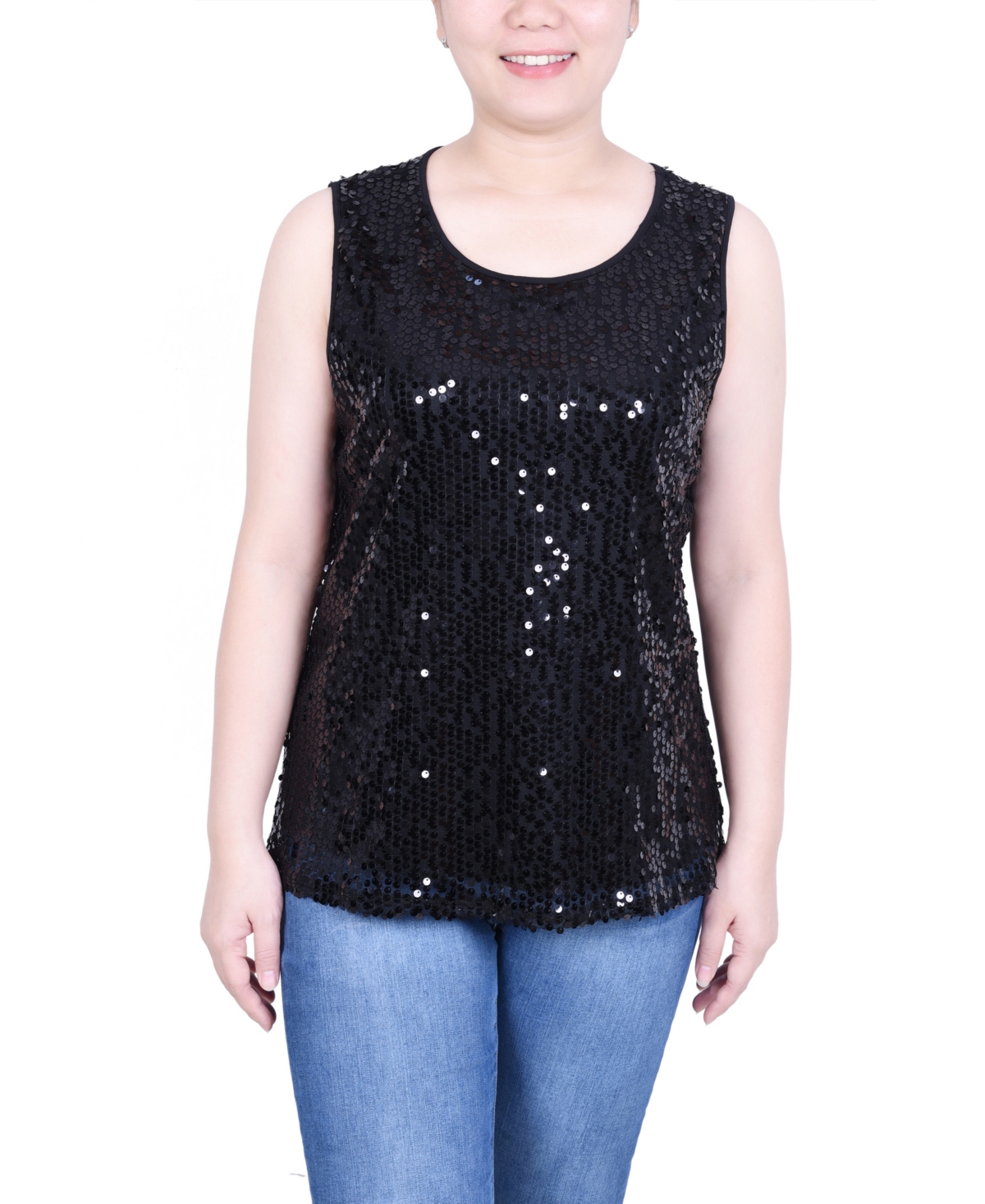 Ny Collection Women's Sleeveless Sequined Tank Top With Combo Banding In Black