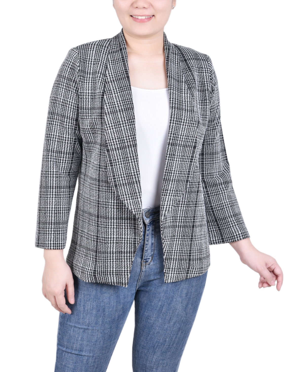 Petite Long Sleeve Ponte Jacket - Black White Houndstooth