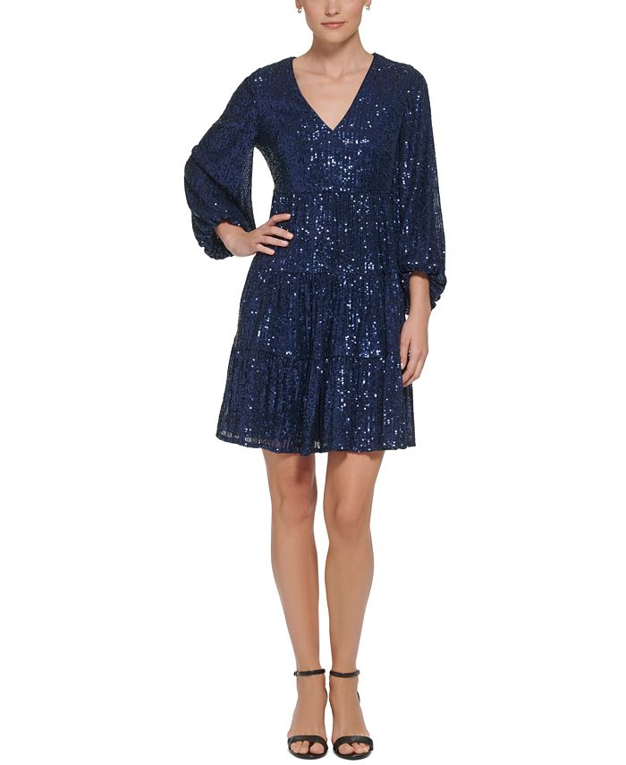 Eliza J Sequinned Tiered Fit & Flare Dress - Macy's