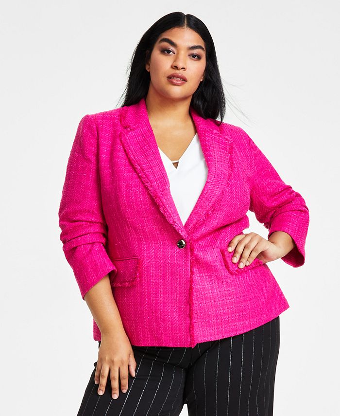 Anne Klein Plus Size Tweed Ruched-Sleeve Blazer - Macy's