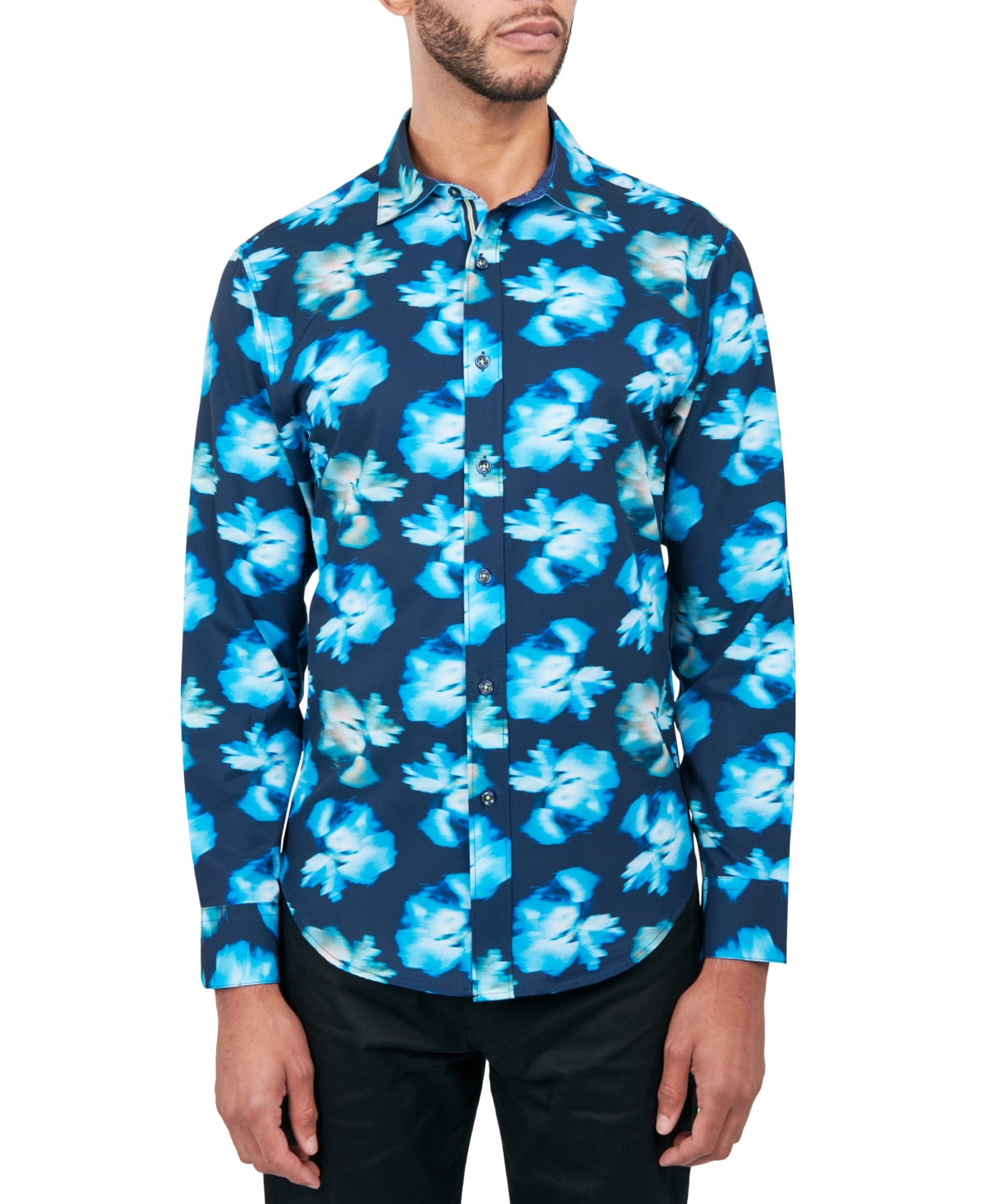Men's Regular-Fit Non-Iron Performance Stretch Abstract Floral Button-Down Shirt - Blue
