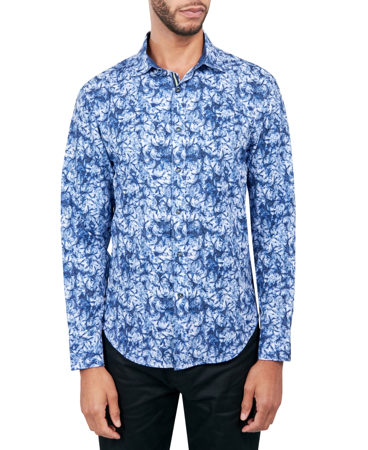 Men's Regular-Fit Non-Iron Performance Stretch Rose-Print Button-Down Shirt - Blue