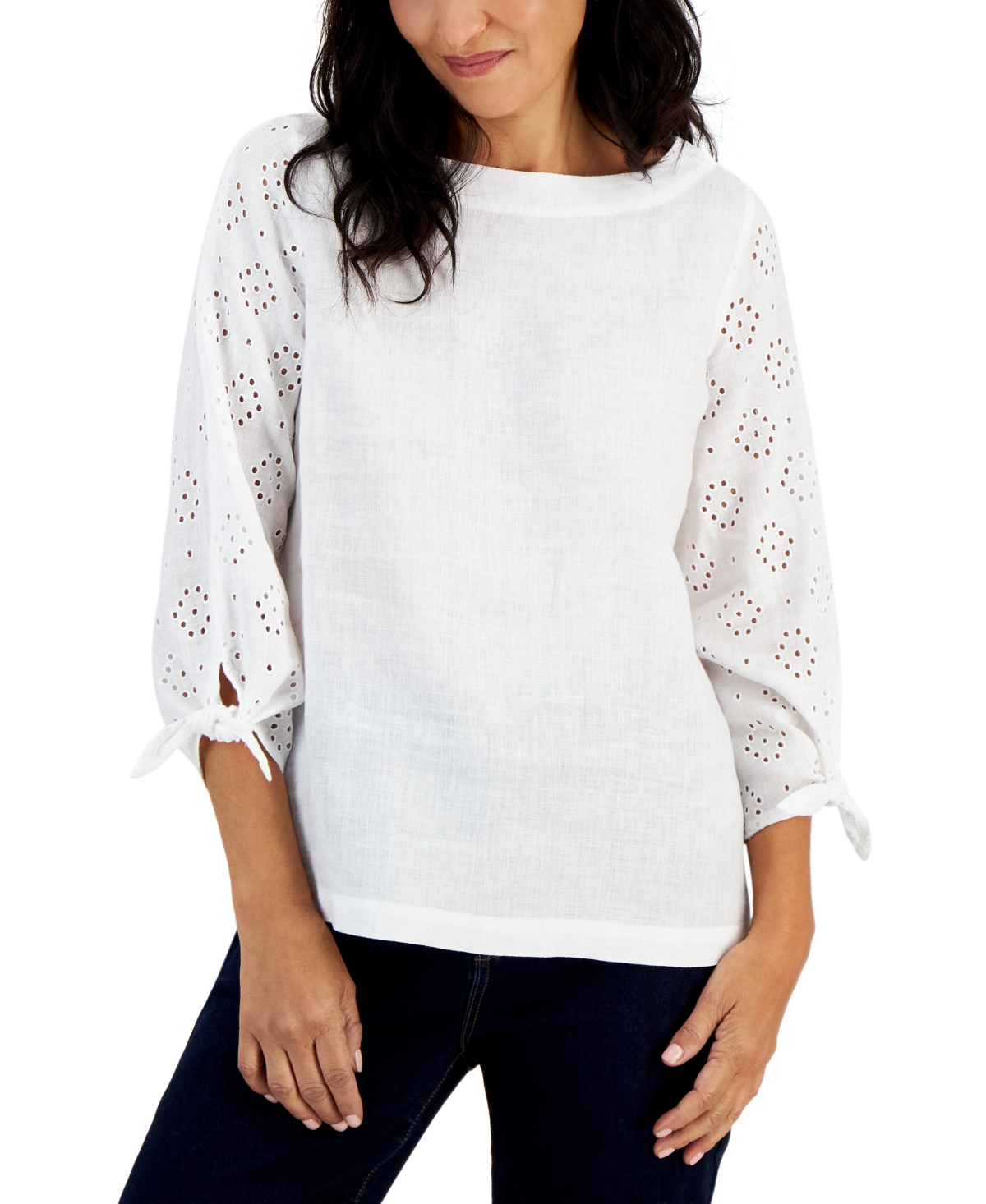 Charter Club Petite 100% Linen 3/4-sleeve Solid Linen Top, Created For Macy's In Bright White