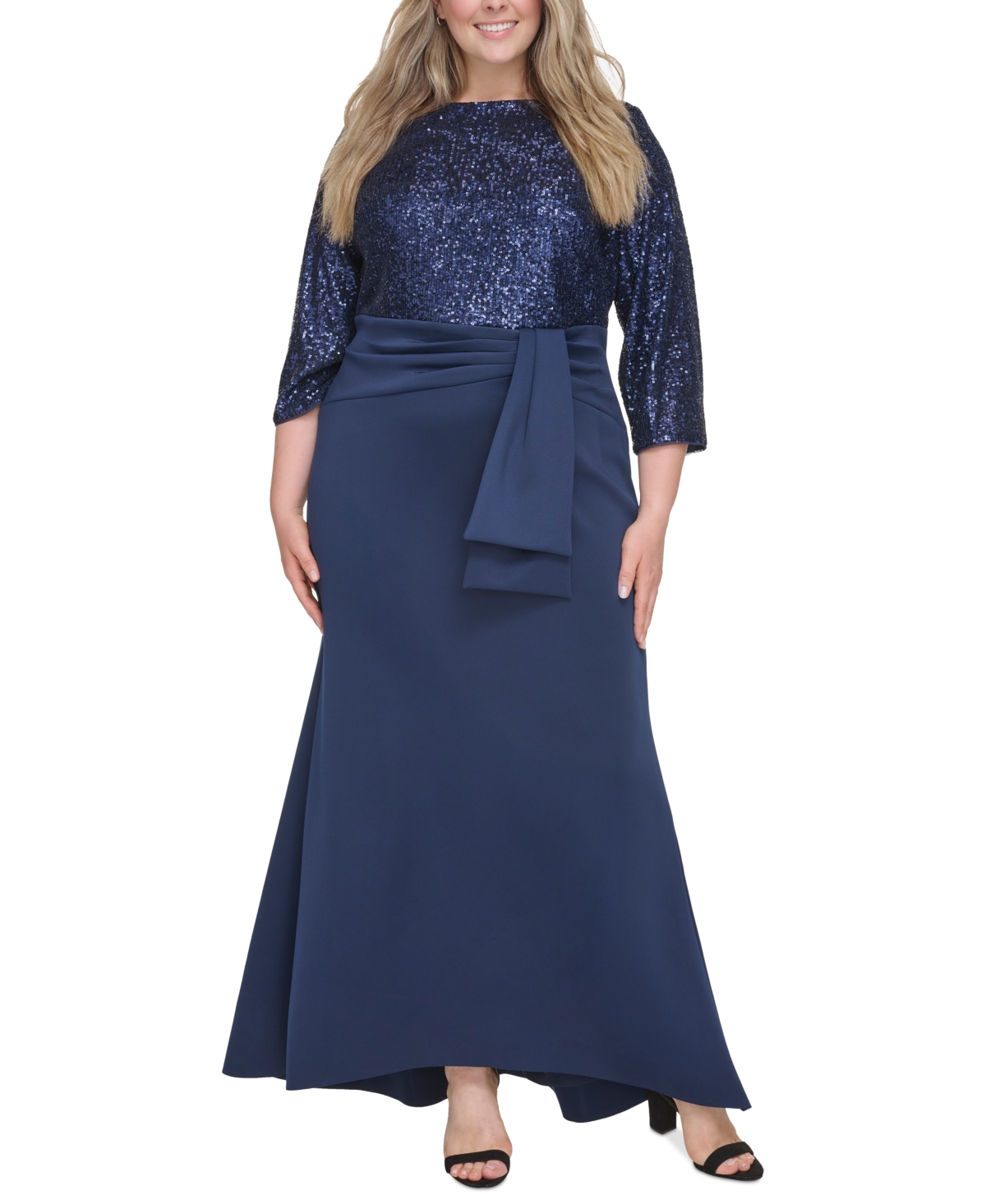 Shop Eliza J Plus Size Sequin-bodice Bow-skirt Gown In Navy