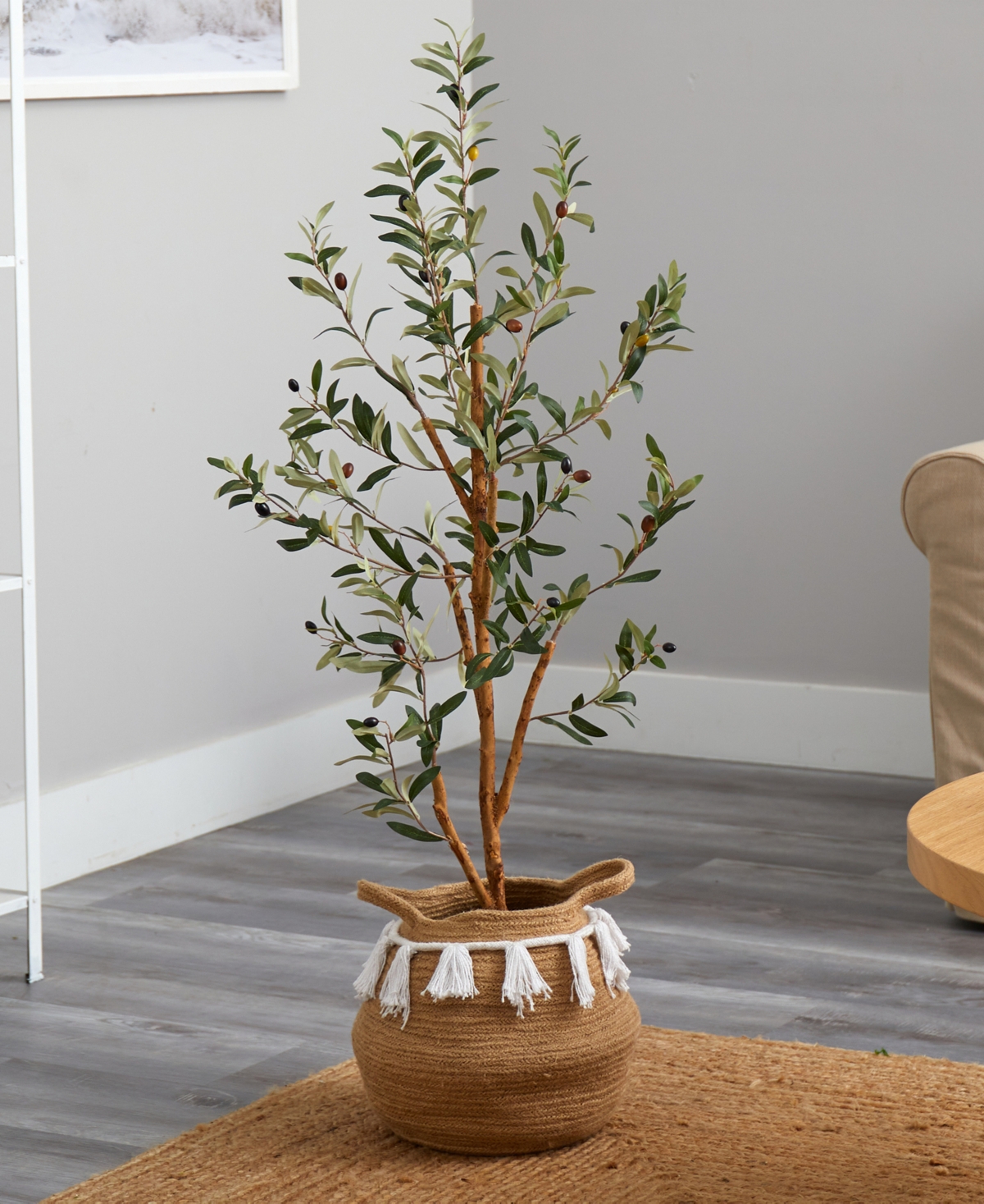 Nearly Natural 42" Artificial Olive Tree With Handmade Jute Cotton Basket With Tassels In Green