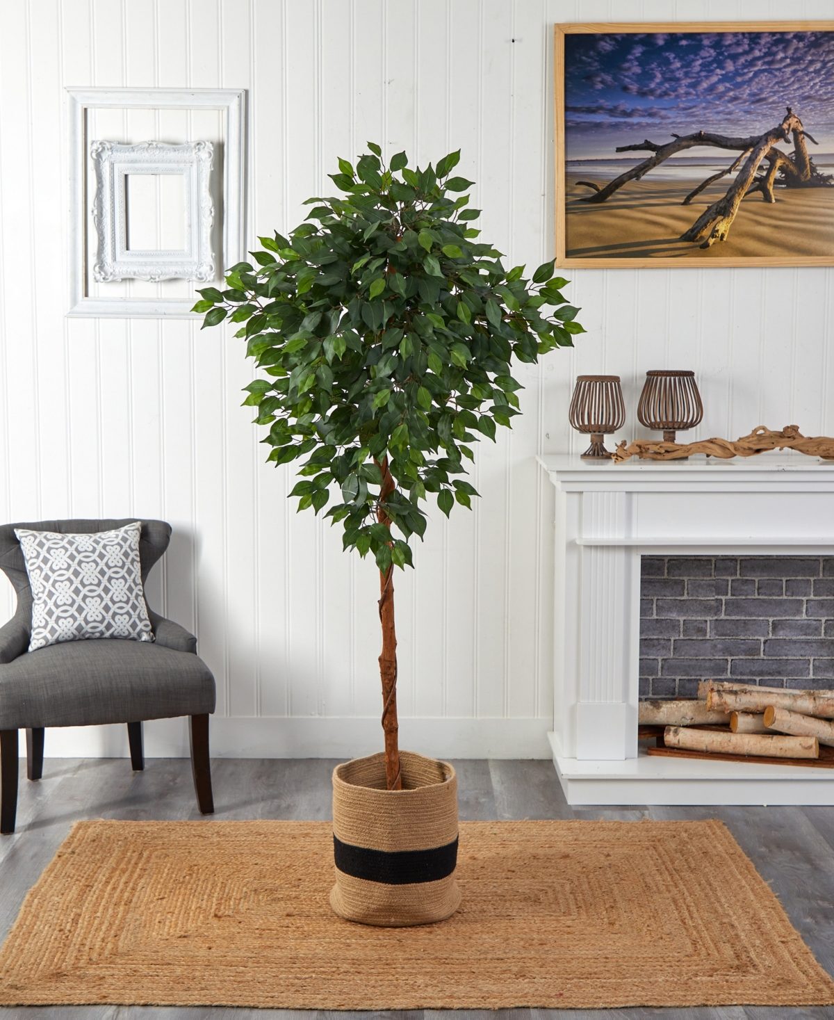 Nearly Natural 72" Artificial Ficus Tree With Handmade Jute Cotton Basket In Green