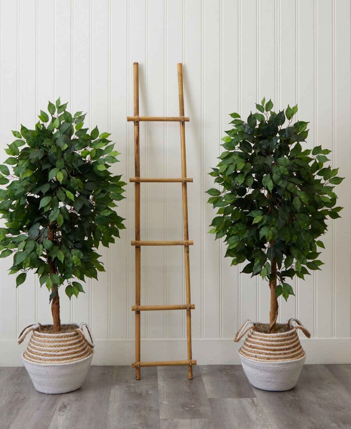 Nearly Natural 54" Artificial Ficus Tree With Double Trunk In Handmade Cotton Jute Basket Diy Kit Set Of 2 In Green