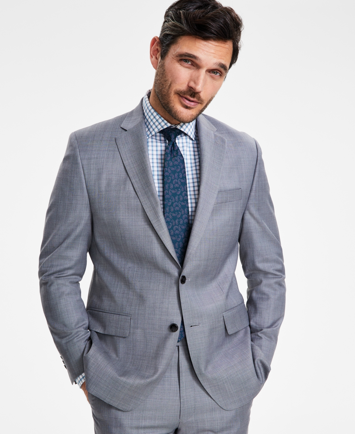 Michael Kors Men's Classic-Fit Wool-Blend Stretch Solid Suit Jacket - Light Grey