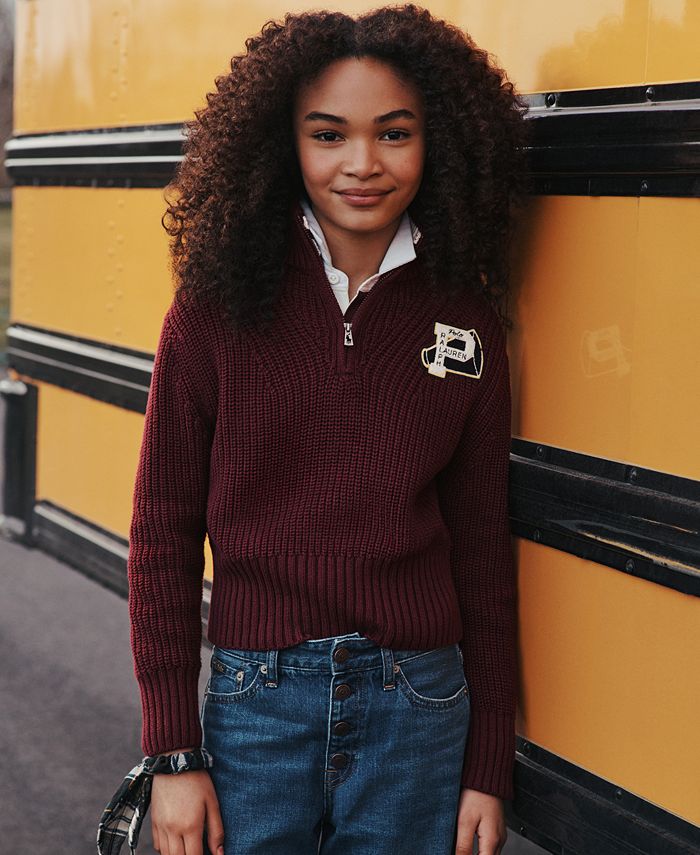 Polo Ralph Lauren Big Girls Letterman Patch Cotton Half Zip