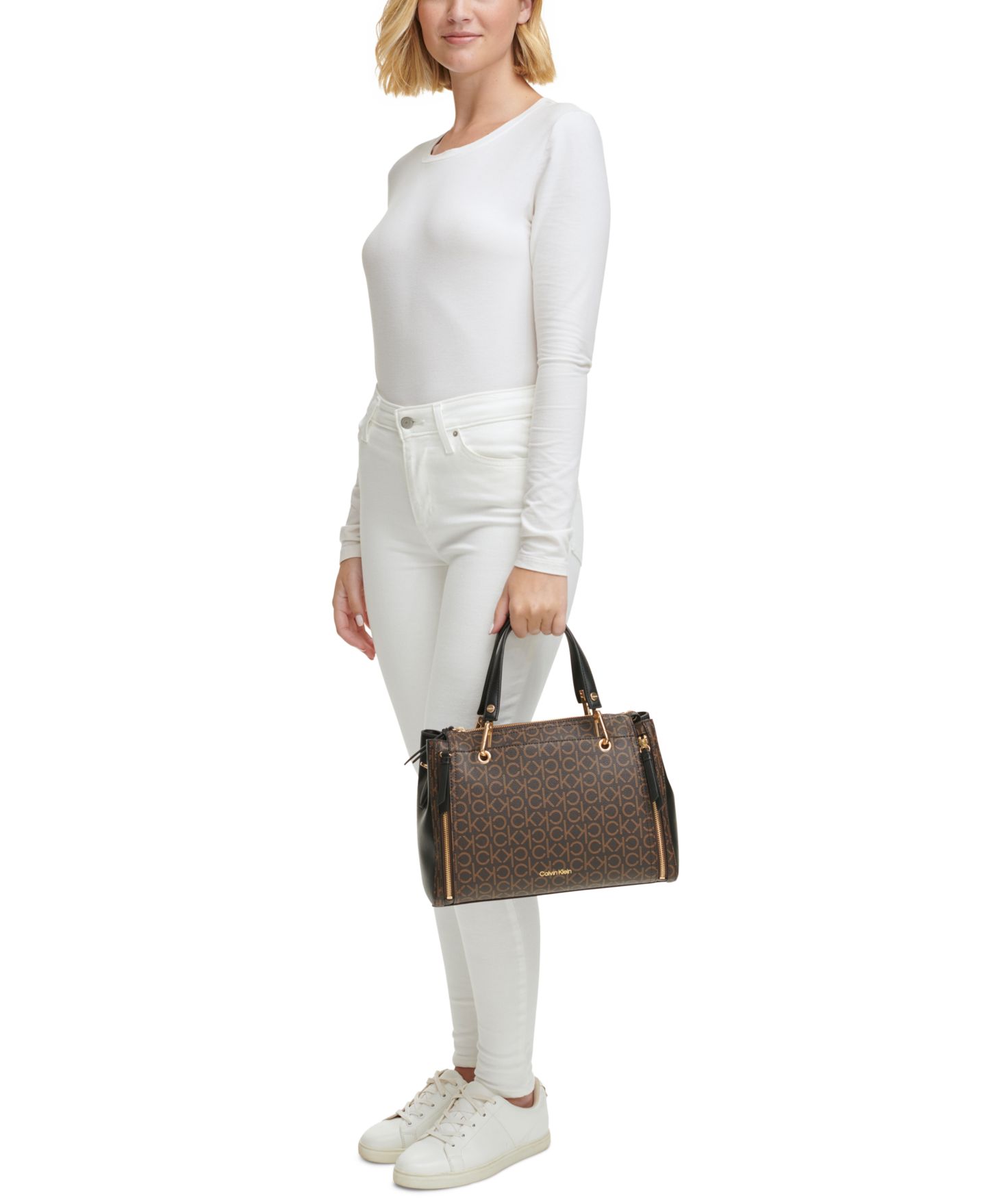 Женская сумка Calvin Klein Garnet Signature Triple Compartment Top Zipper Satchel, цвет: Миндальный / Белый — фото 6