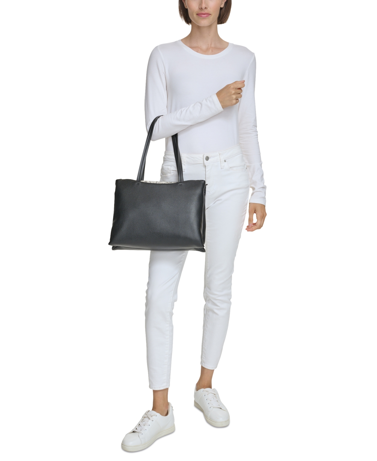 Shop Calvin Klein Chrome Top Zipper Convertible Tote With Zippered Pouch In Black,white