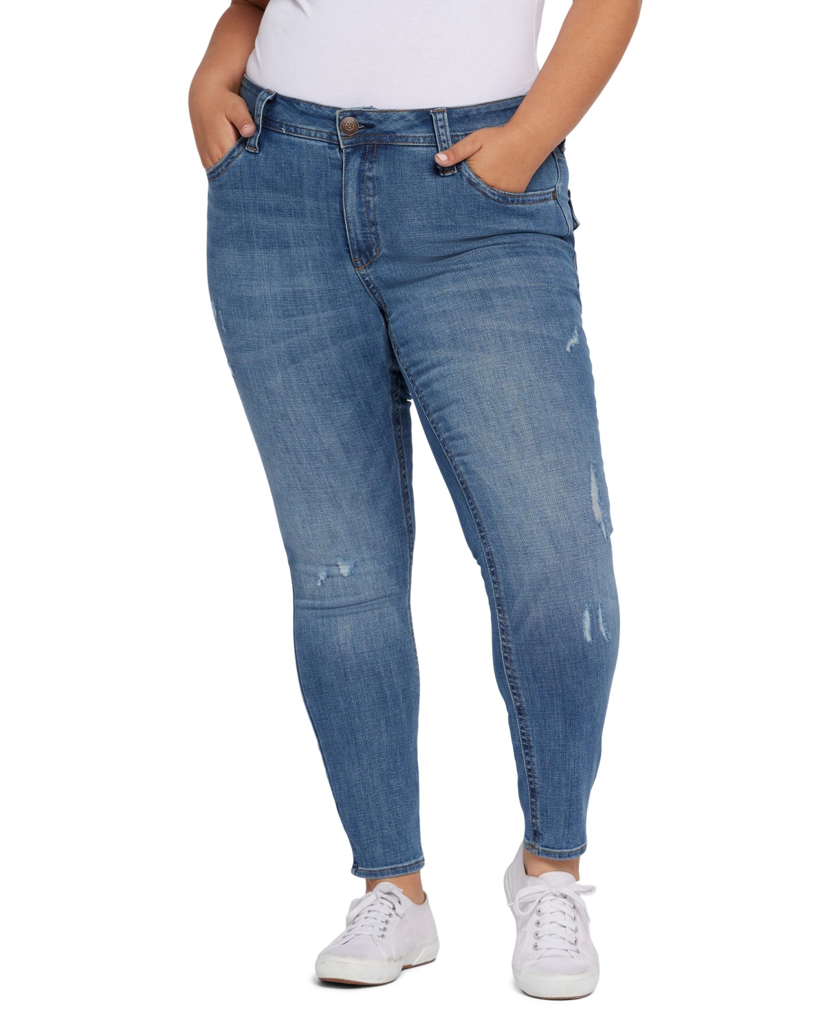 Plus Size Mid Rise Flap Pocket Skinny Jeans - Scratch