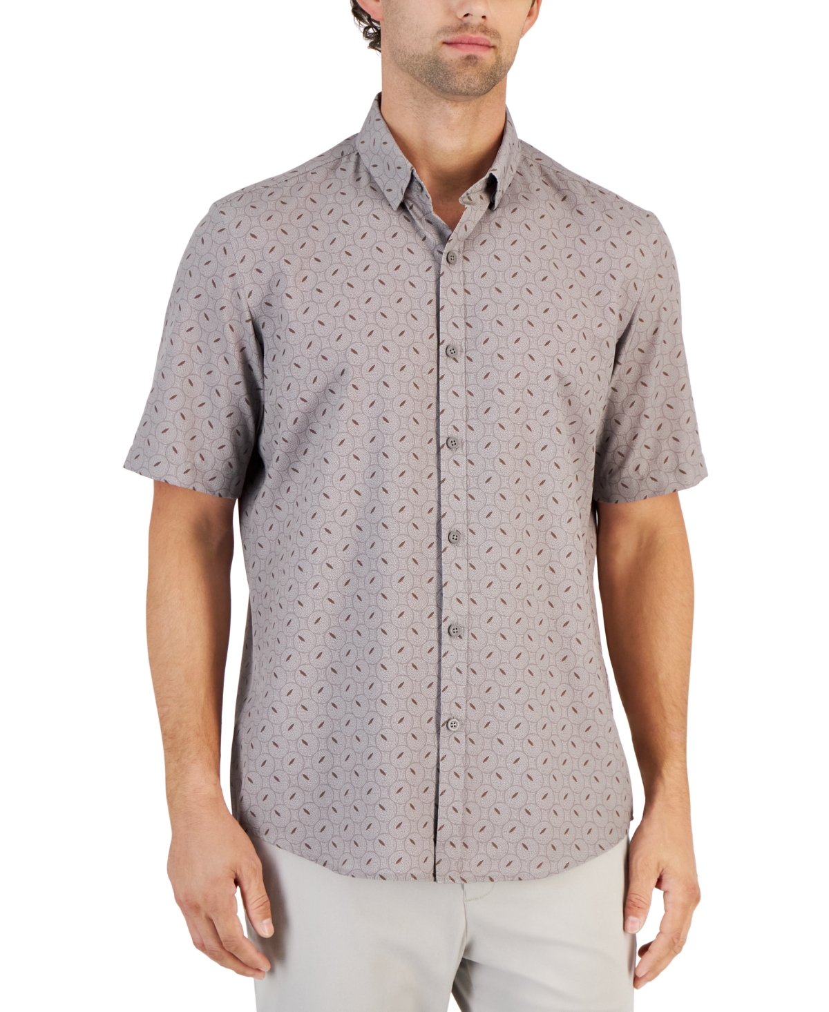 Alfani Men's Alfatech Geometric Dot Stretch Button-up Short-sleeve Shirt, Created For Macy's In Smoked Taupe