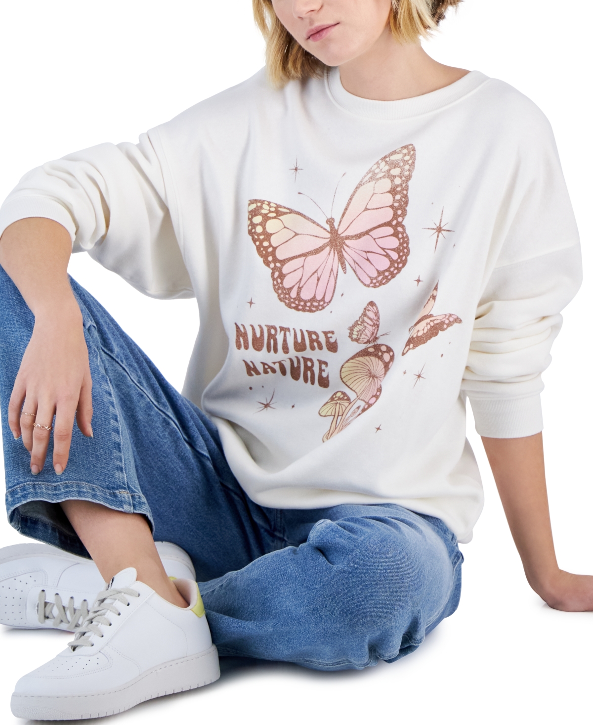 Shop Grayson Threads, The Label Juniors' Nurture Nature Butterfly Graphic Sweatshirt In Off White