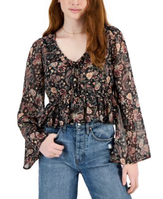 Self Esteem Juniors' Floral-Print Ruffled Bell-Sleeve Top - Macy's
