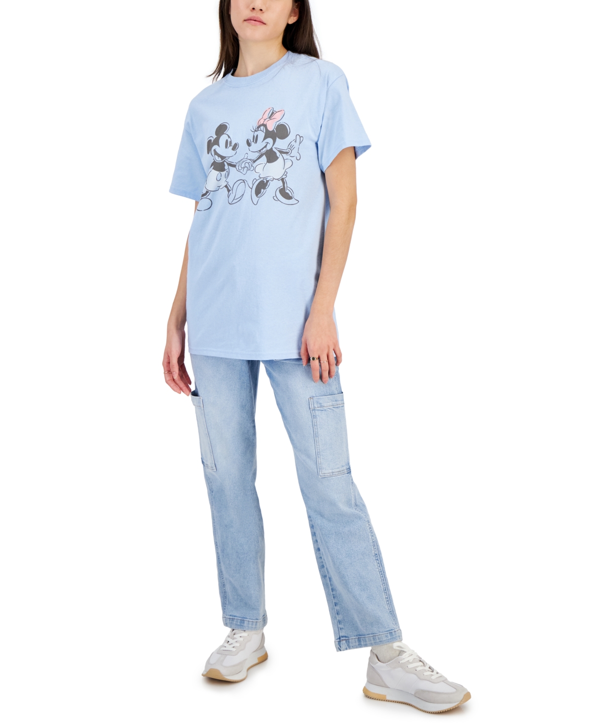 Disney Juniors' Mickey Mouse And Minnie Mouse Holding Hands Graphic T-shirt In Light Blue