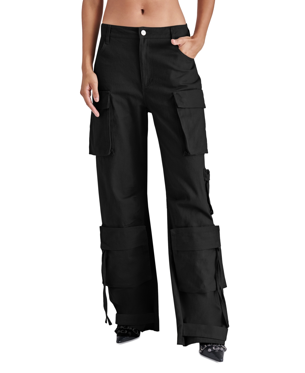Shop Steve Madden Women's Duo High Rise Cotton Cargo Pants In Black