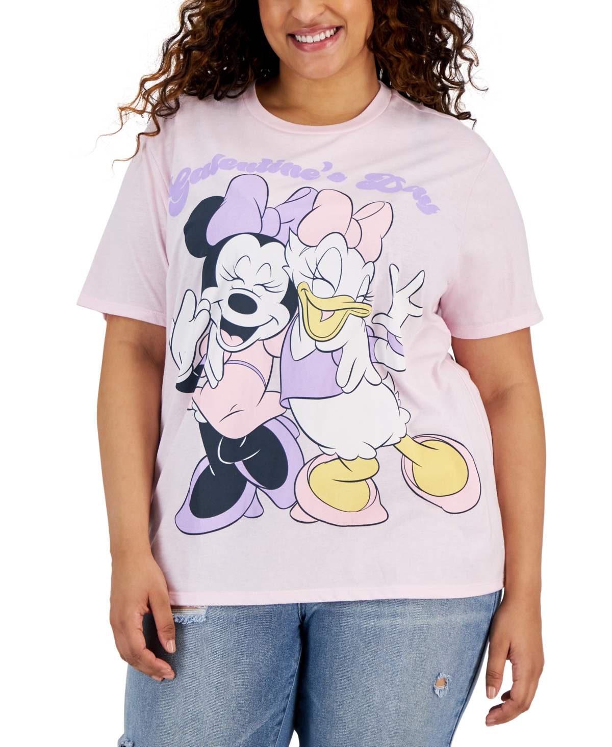 Disney Trendy Plus Size Minnie & Daisy Galentine's Printed T-shirt In Barely Pink