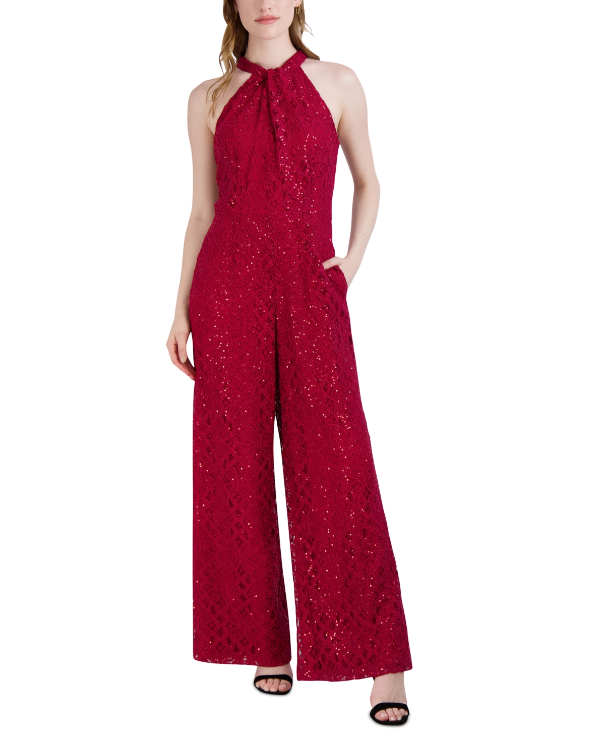 Women's Sequin-Lace Halter Twist-Neck Jumpsuit - Crimson