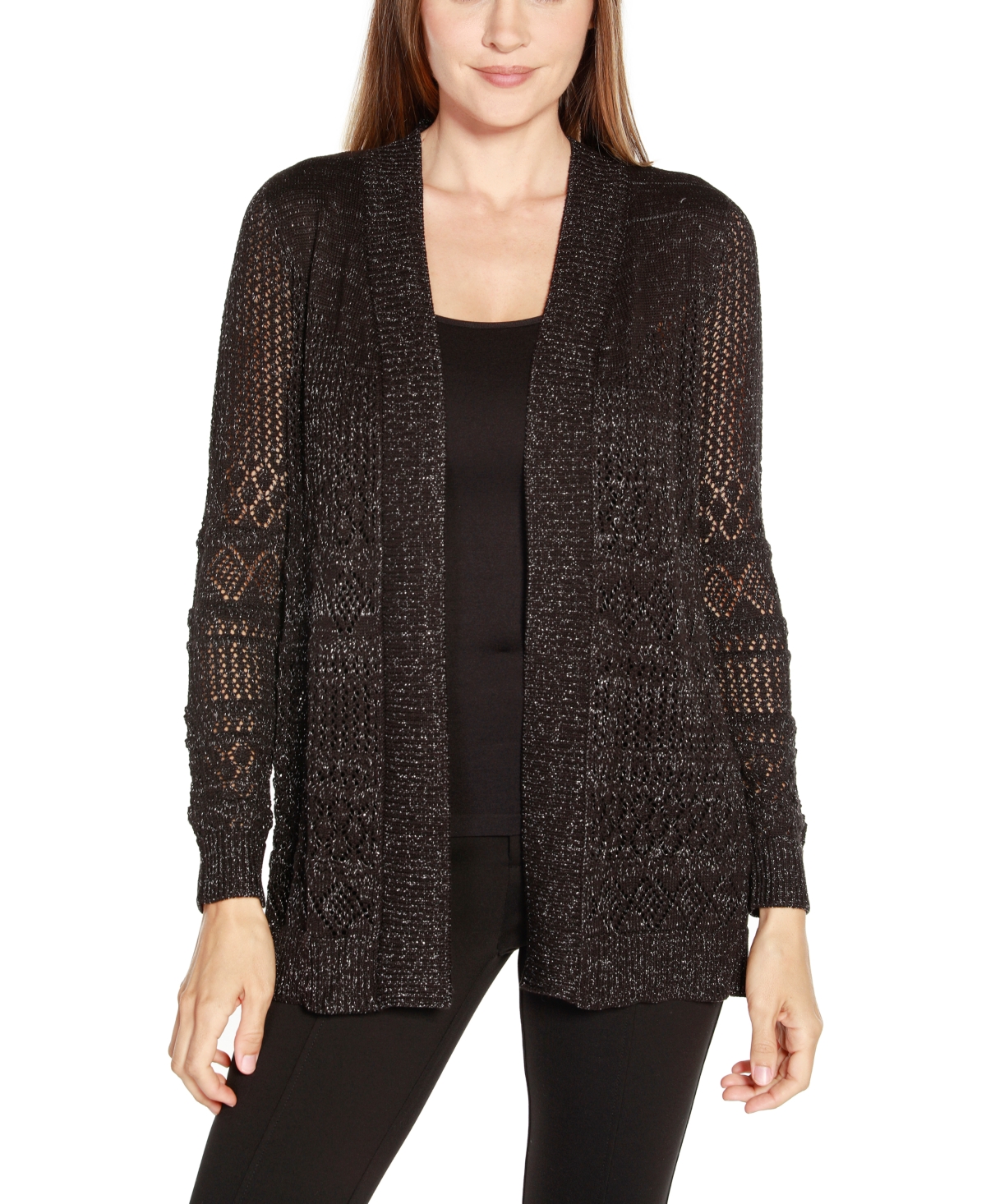 Belldini Plus Size Lurex Pointelle Open-front Cardigan Sweater In